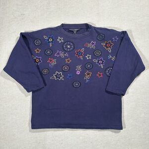 VTG Kitty Hawk Vivian Wang Cotton Navy Floral Sweater One Size M Embroidered